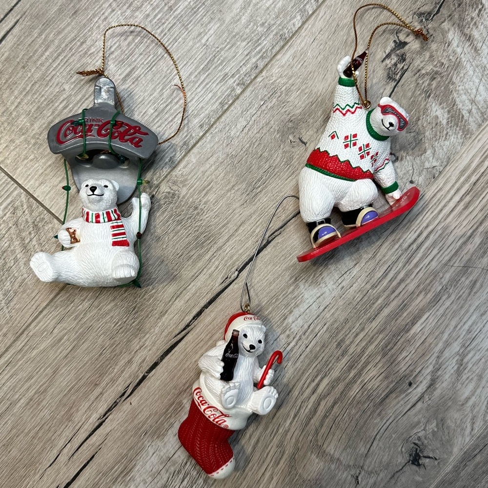 Set of 3 Coca-cola Polar Bear Christmas Holiday Tree Ornaments